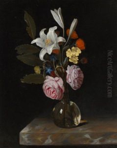 Still Life Of Roses, Lilies And Other Flowers In A Glass Vase On A Marble Ledge by Cornelis Kick