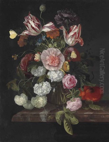 Parrot Tulips, Snowballs, Roses, A Poppy And Other Flowers In A Glass Vase, On A Marble Ledge, With Two Brimstone Butterflies - view 1