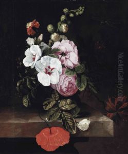 Roses, Poppies, Hollyhocks, A Marigold And Other Flowers In A Glass Jug, With A Dragonfly And A Cabbage White Butterfly On A Stone Ledge by Cornelis Kick