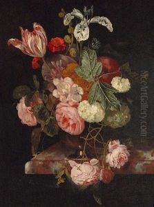 A Still Life With Roses, An Iris, A Tulip And Other Flowers In A Vase Resting On A Ledge