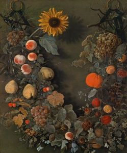 Ein Blumengebinde Mit Einer Sonnenblume Und Fruchten