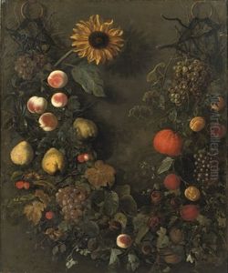 A Fruit Garland With Grapes, Peaches, Mandarins, Cherries, Pears And Other Fruit