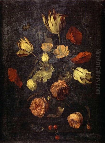 Bouquet De Fleurs Dans Un Vase En Verre Sur Un Entablement - view 1