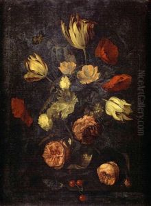 Bouquet De Fleurs Dans Un Vase En Verre Sur Un Entablement