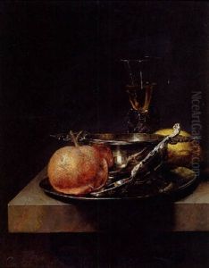 A Still Life Of A Silver Brandy Cup, A Silver Spoon And An Orange On A Pewter Plate, A Wineglass And A Lemon On A Table by Cornelis Kick