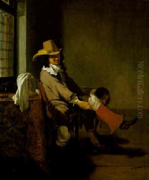 An Officer Pulling On His Boot, While A Manservant Removes His Slippers - view 1