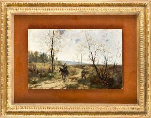 Begegnung Eines Jagers Mit Seinen Settern Mit Einem Kavalleristen In Weiter Landschaft by Franz Kiederich