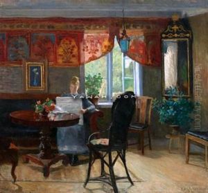 Interior Med Lesende Kvinne by Kitty (Christine) Lange Kielland