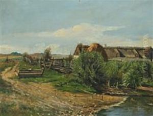 Landscape With Thatched Farm And Peasant With Wheelbarrow by Theodor Julius Kiellerup