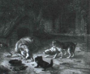 Laenkehund Samt Tre Mindre Hunde I Baggrunden Hans Og Kyllinger by Theodor Julius Kiellerup