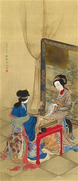 A Hanging Scroll Depicting Two Chinese Palace Ladies Playing Go - view 1