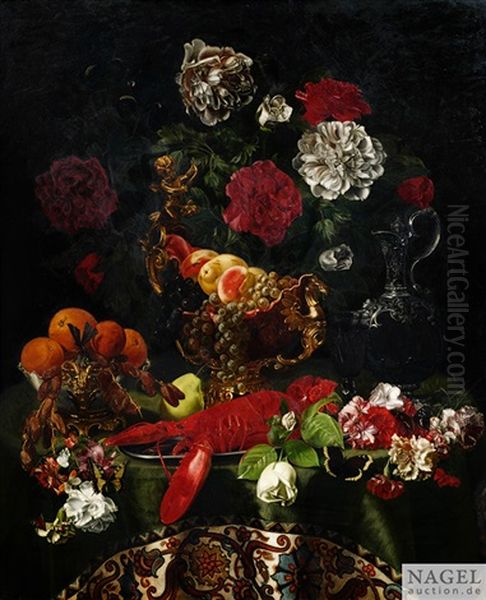 Prunkstilleben Mit Blumen, Obst, Nautiluspokal Und Hummer - view 1