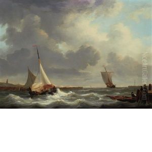 Ships Off Shore Under A Dark Sky by George Laurens Kiers