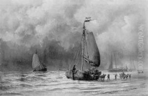 Fishermen Unloading Beached Bomschuiten by George Laurens Kiers