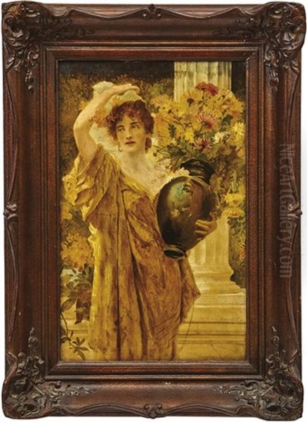 Junge Griechin Mit Blumenvase Vor Einer Saule - view 1