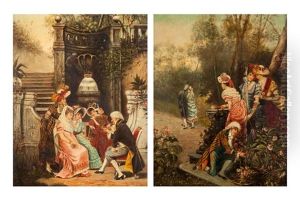 Compagnie Galante Pres De La Fontaine Et Scene De Parc Animee De Figures Sur Un Balcon (pair) by Conrad Kiesel