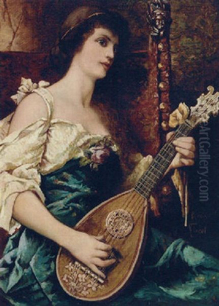A Lady Strumming A Mandolin - view 1