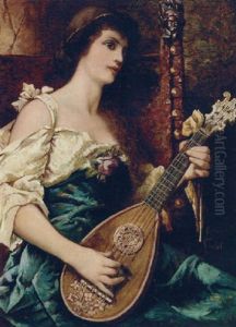 A Lady Strumming A Mandolin by Conrad Kiesel