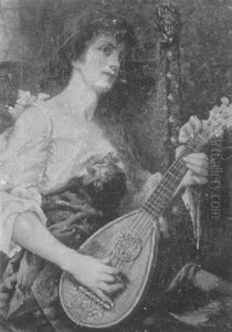 Woman Strumming A Mandolin by Conrad Kiesel