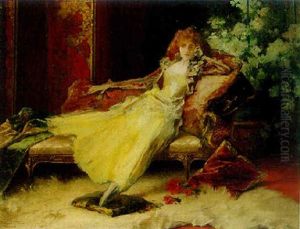 An Elegant Lady On A Chaise Lounge by Conrad Kiesel