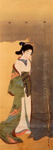 A Beauty Stepping Out From Behind A Curtain by Keigetsu Kikuchi