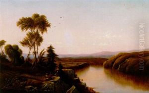 An Extensive Landscape With Three American Indians On A Cliff