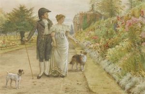 A Couple Taking A Stroll In The Gardens Of Hampton Court Palace by George Goodwin Kilburne