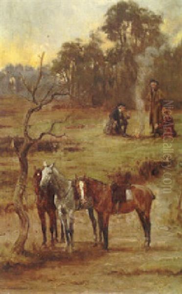 A Landscape At Dawn With Travellers By A Fire With Their Horses Tethered - view 1