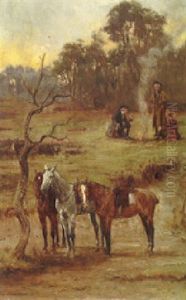 A Landscape At Dawn With Travellers By A Fire With Their Horses Tethered by George Goodwin Kilburne