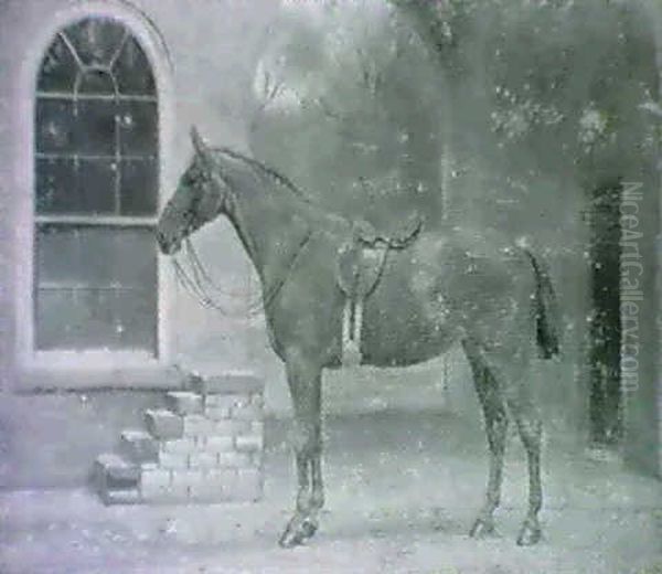 Jemima, A Saddled Chestnut Mare In A Yard; Together With An Oil Painting By Walter Harrowing - view 1