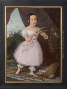 Portrait Of A Young Girl In Pink Standing Beside A Gilded Birdcage And Holding A Dove
