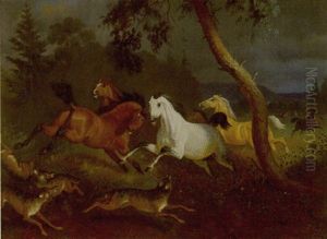 Wildpferde Von Einem Rudel Wolfe Angefallen by Friedrich Anton Kilp