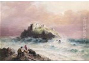 Channel Islands - Rocks Near L'etacq, Jersey; Fishermen On The Rocks B(a Pair) by Sarah Louise Kilpack