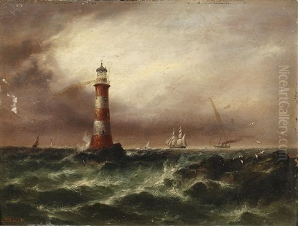 Lighthouse With Shipping In Rough Seas - view 1