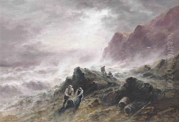 Salvagers Hauling Barrels Onto The Rocks, Jersey (+ A Cave At Plemont, Jersey; 2 Works) - view 1