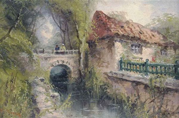 Feeding The Ducks (+ Cottage With Figures On A Bridge Over A Stream, Oil On Paper; 2 Works) - view 1