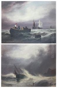 Fishing Boat In Rough Sea (+ Fishermen And Their Boats In A Calm; Pair) by Sarah Louise Kilpack