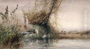 An Old Fountain At Houvalt, Near Boulogne (+ Figures Beside A Lake; Pair) An Old Fountain At Houvalt, Near Boulogne (+ Figures Beside A Lake; Pair)