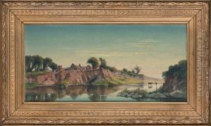 Cattle Watering On The River Bank By A Village
