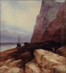 Fisherman Mending His Nets On Rocks With Boat In Background by Sarah Louise Kilpack