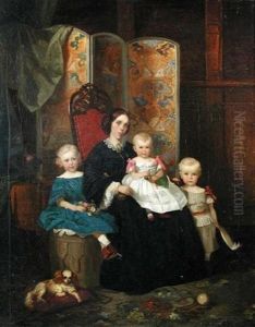 A Mother With Her Three Children And Their Spaniel By A Decorated Folding Screen In An Interior by Adolph Diedrich Kindermann