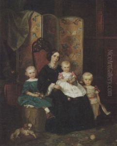 Mutter Mit Ihren Drei Kindern Vor Einem Paravent by Adolph Diedrich Kindermann