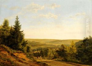 Weite Landschaft Mit Reitern Und Blick Auf Eine Hausergruppe Weite Landschaft Mit Reitern Und Blick Auf Eine Hausergruppe