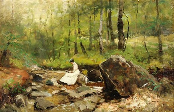 Woman Writing In Rock Creek - view 1