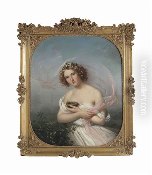 A Young Girl In A White Dress With A Pink Veil And Flowers In Her Hair, Holding A Bird's Nest With Two Eggs - view 1