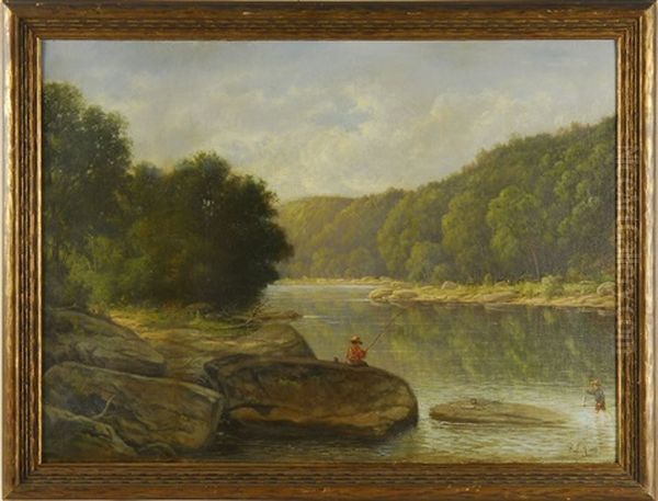 Two Young Fishermen By A Rocky River - view 1