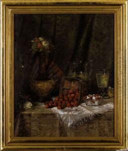 Still Life With Spilled Basket Of Strawberries Flanked By A Vase Of Flowers, Raspberries And Pitcher Of Water, With A Green Drape Backdrop
