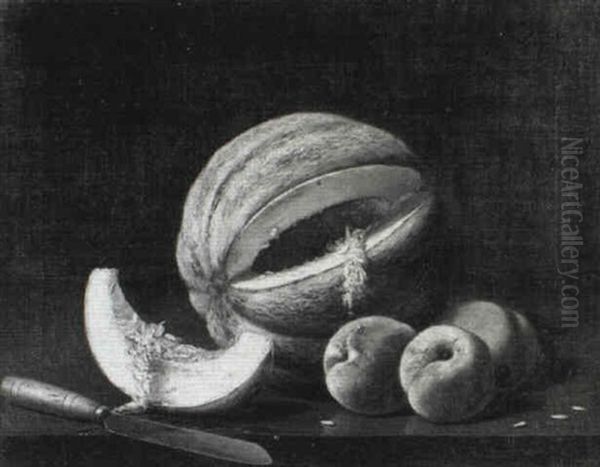 Table Top With Peaches, Melon And Knife - view 1