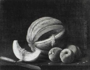 Table Top With Peaches, Melon And Knife by Albert Francis King
