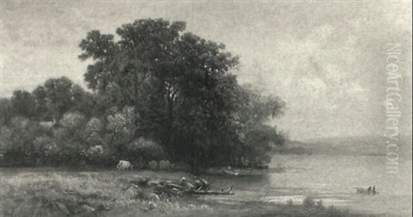 Cows At River Edge With Boatsman - view 1